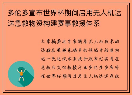 多伦多宣布世界杯期间启用无人机运送急救物资构建赛事救援体系